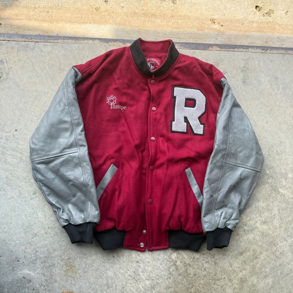 Vintage Rite of Passage Varsity Jacket Burgundy Gray Leather Wool Letterman M